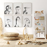 Set of six dinosaur prints for boys nursery wall decor featuring modern portrait style.
