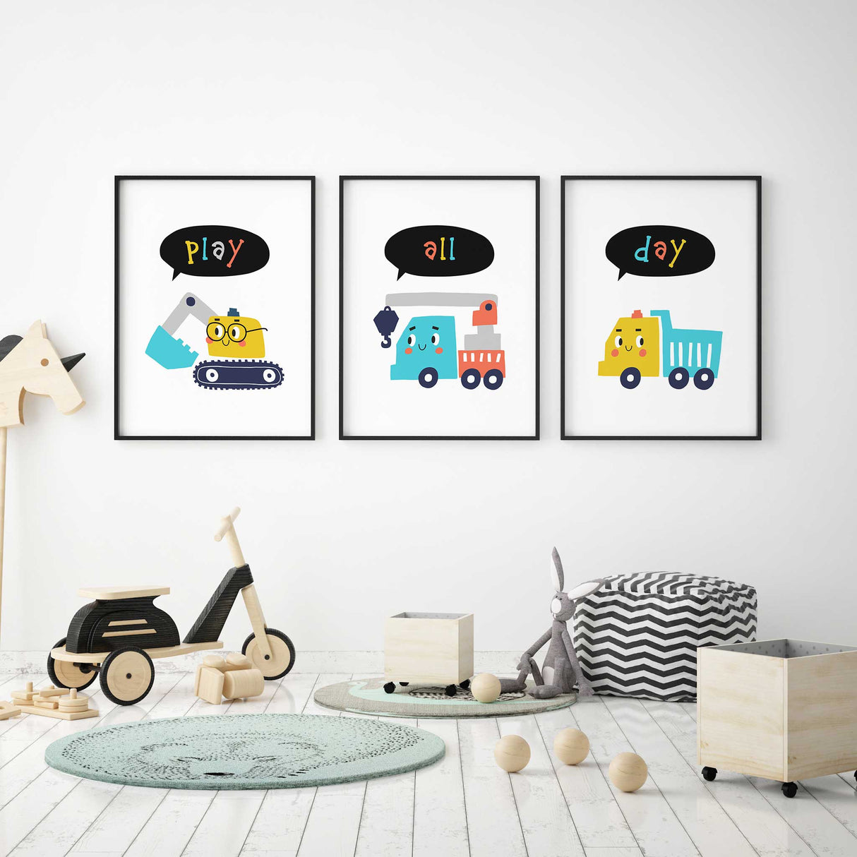 Boys truck wall art set with playful construction theme
