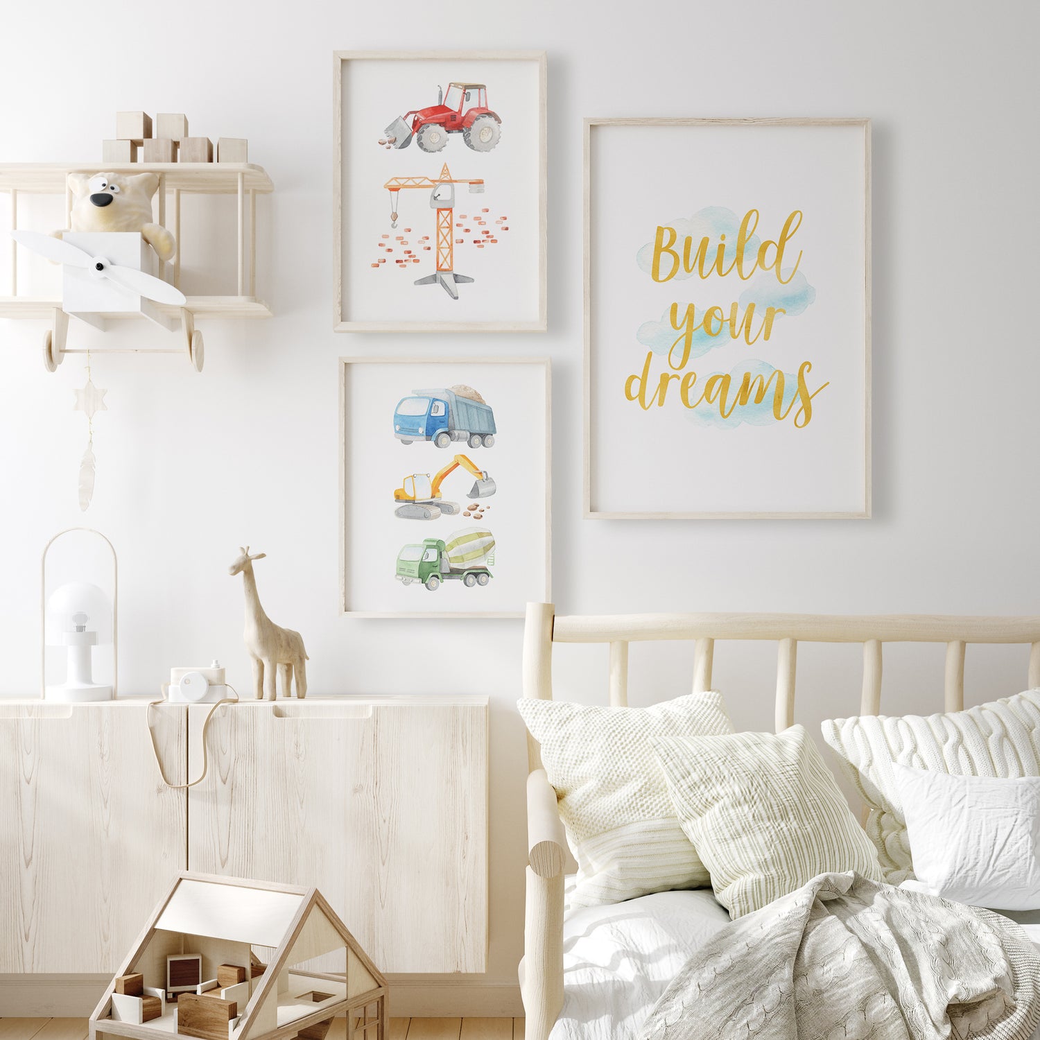 Construction vehicle wall art set for boys nursery or playroom featuring trucks and crane