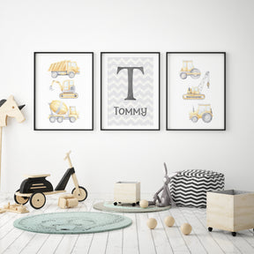 Set of 3 construction truck and digger wall art prints for kids room