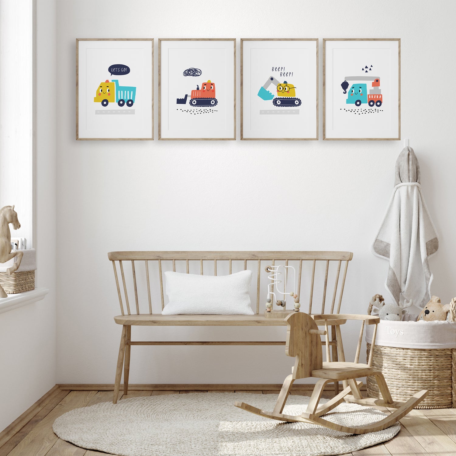 Cute construction vehicle nursery prints with vibrant colors, including a yellow and blue truck, blue and orange crane, orange bulldozer, and yellow and blue excavator.