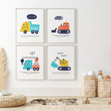 Set of four construction vehicle nursery prints, featuring a yellow and blue truck, blue and orange crane, orange bulldozer, and yellow and blue excavator with playful text.