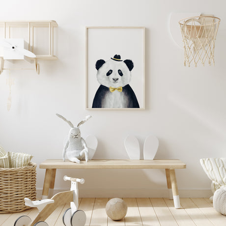 Cute panda wall art for nurseries, featuring a panda in a yellow hat and bow tie.