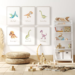 Dinosaur wall art set for kids with positive quotes and cute dino illustrations