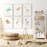 Six dinosaur prints with positive quotes beneath blue, green, ochre and purple characters on white backgrounds.illustrations