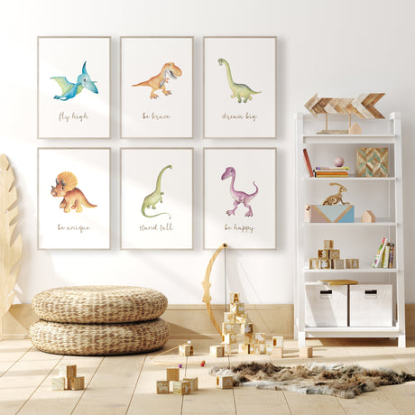 Six dinosaur prints with positive quotes beneath blue, green, ochre and purple characters on white backgrounds.illustrations