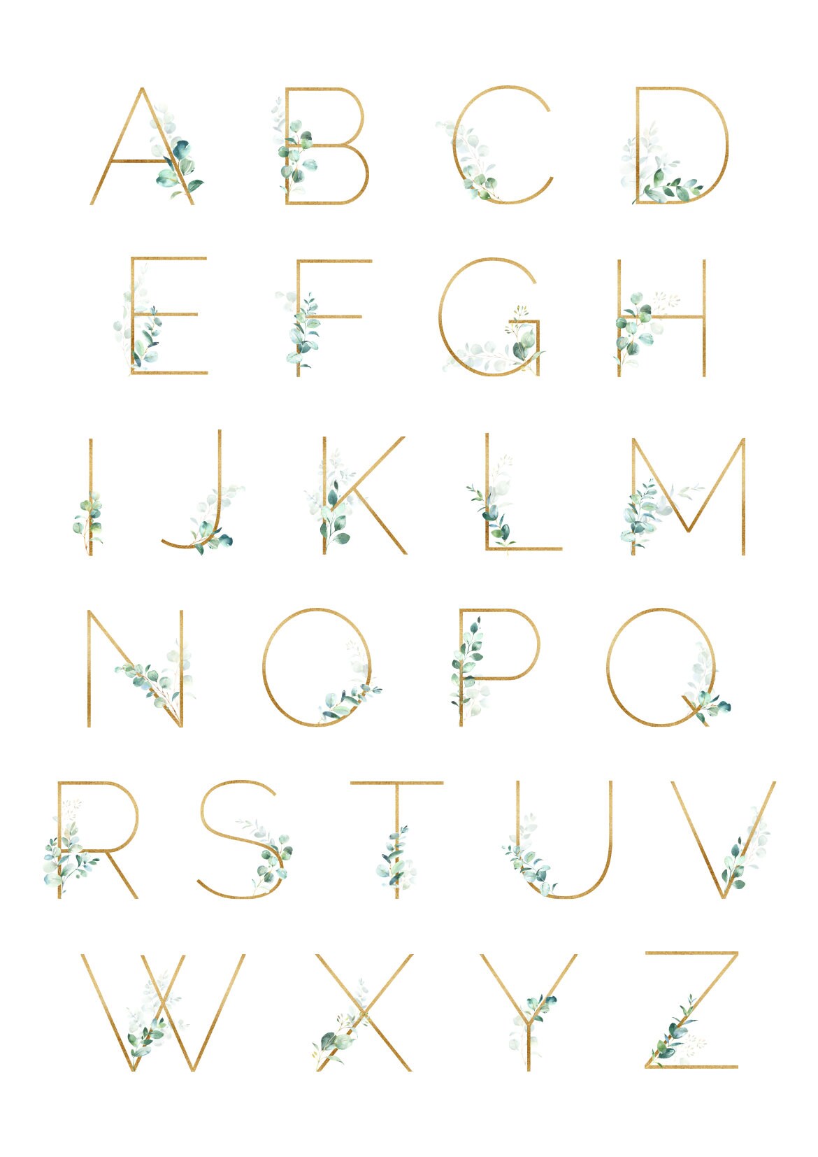Guide showing eucalyptus and gold-toned initial letter designs available for the personalised baby birth print