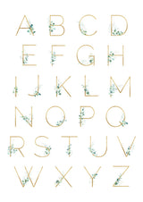 Guide showing eucalyptus and gold-toned initial letter designs available for the personalised baby birth print