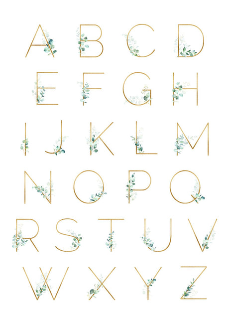 Guide showing eucalyptus and gold-toned initial letter designs available for the personalised baby birth print