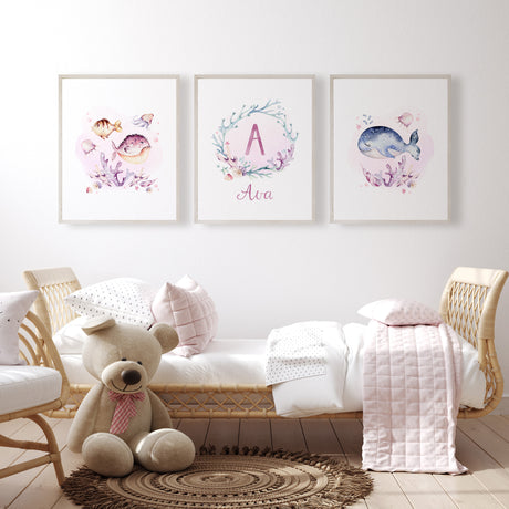 Watercolour fish name wreath and whale print set