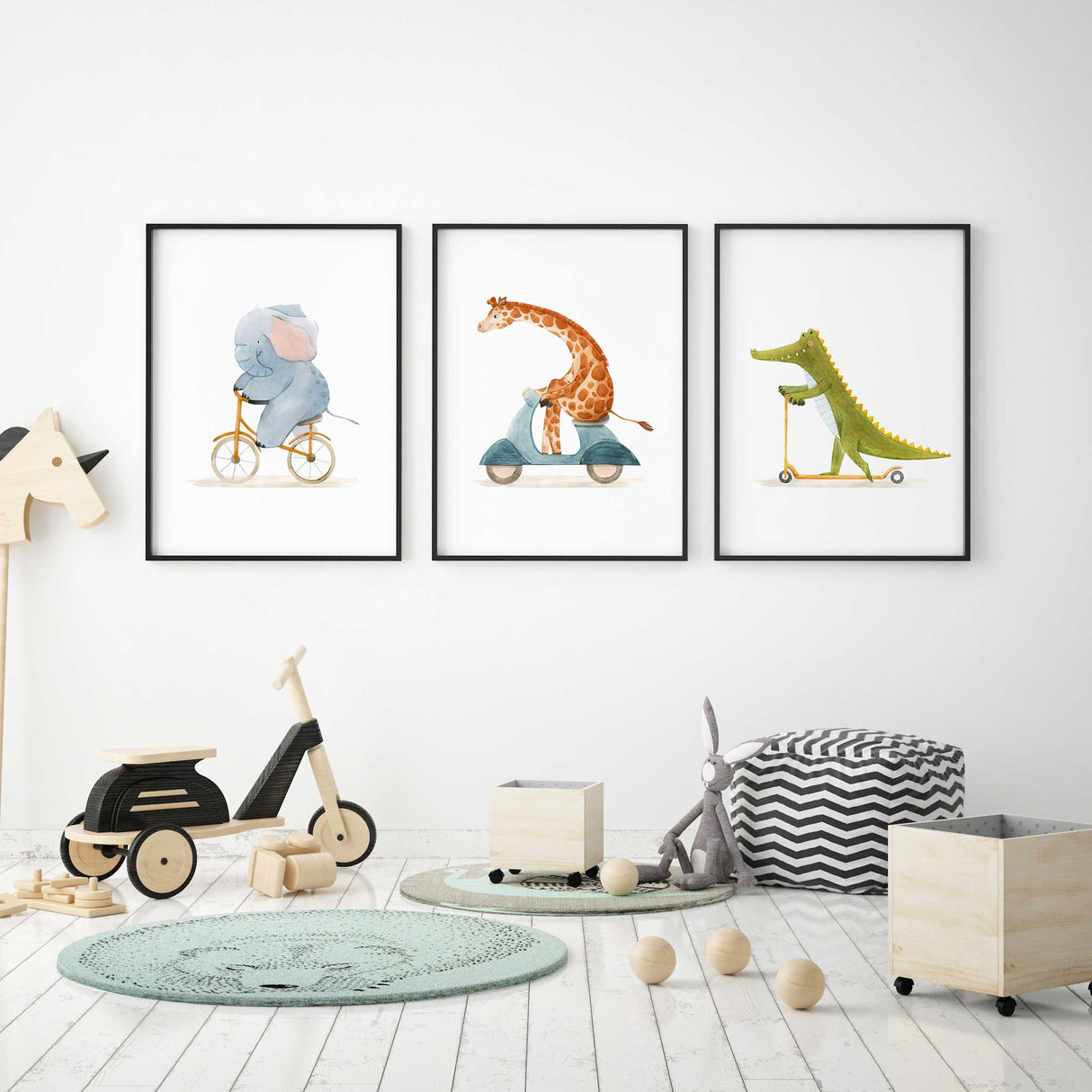 nursery print set featuring a crocodile on a scooter, an elephant on a bicycle, and a giraffe on a scooter, perfect for gender-neutral kids’ rooms.