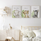 gender neutral safari nursery print set with soft elephant lion and zebra illustrations