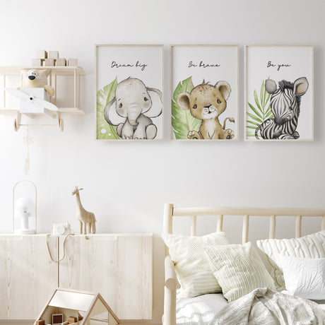 gender neutral safari nursery print set with soft elephant lion and zebra illustrations