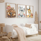 girls australian animal nursery wall art set of 3 featuring echidna koala and kangaroo with native florals.