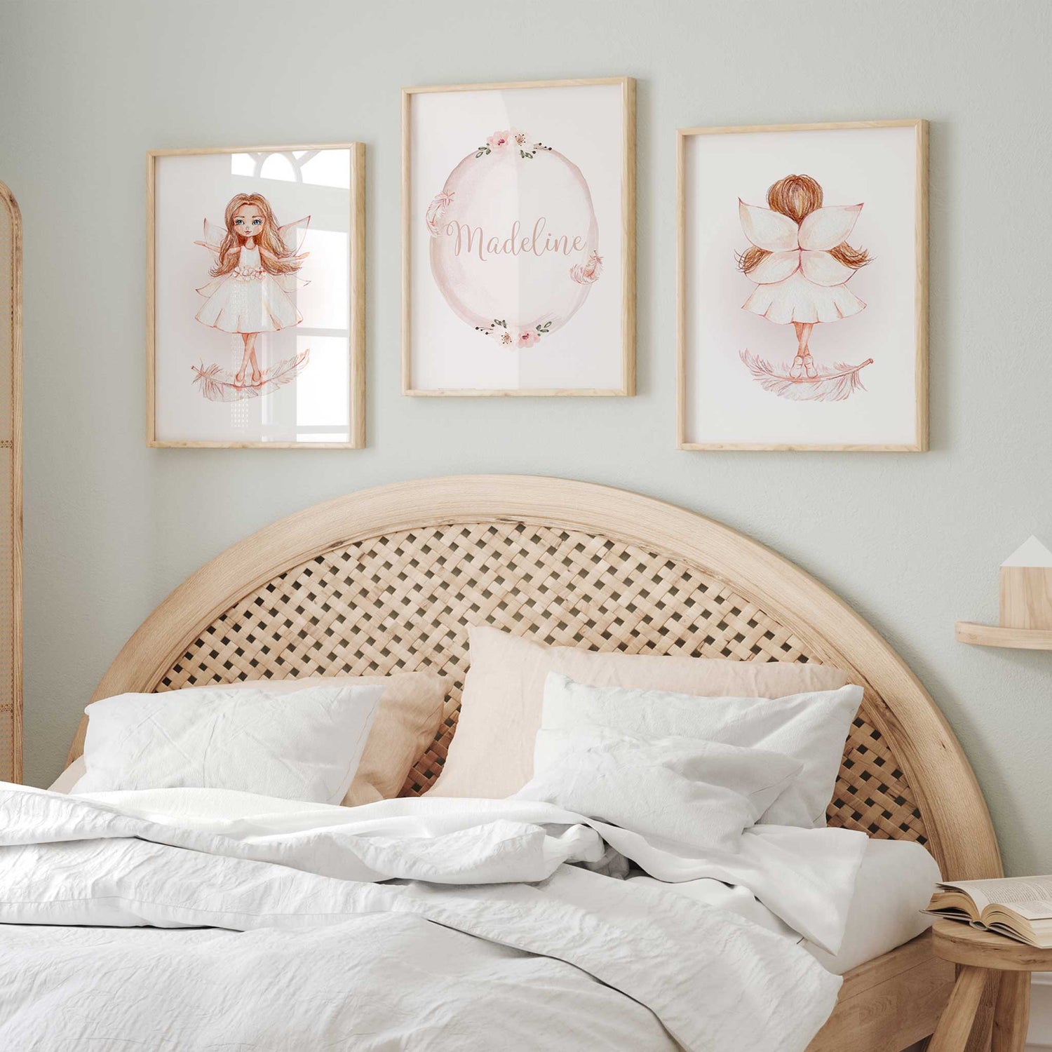 whimsical personalised fairy wall art set in soft blush tones