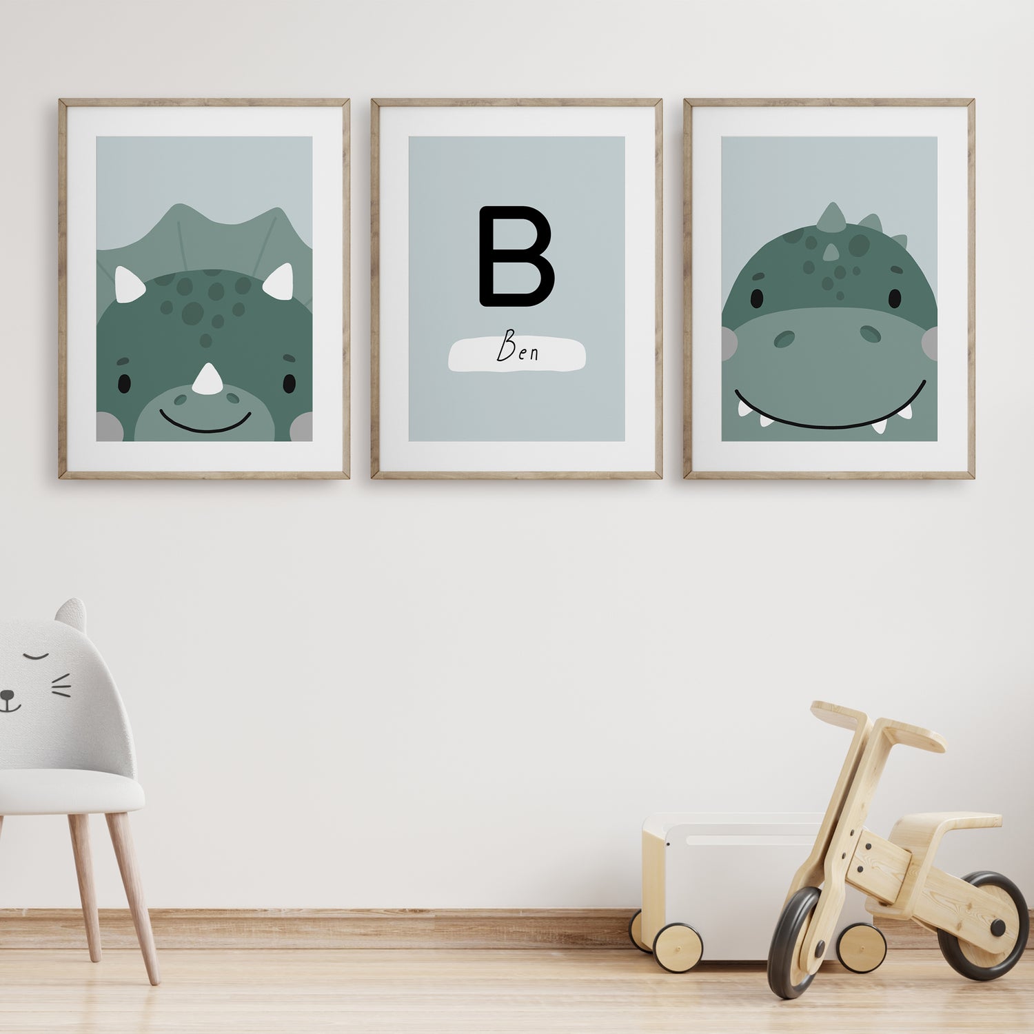 Dinosaur nursery décor set with personalised artwork, perfect for playful and educational kids’ spaces