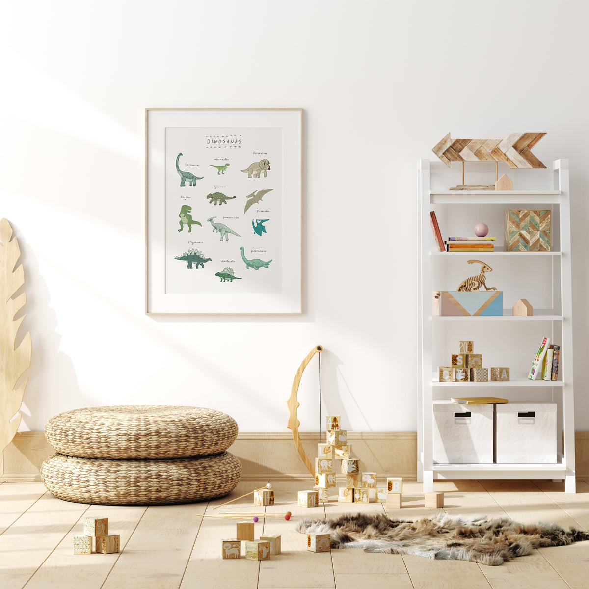 Kids dinosaur wall print showing several illustrated dinosaurs with their names beneath or beside each figure
