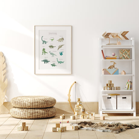 Kids dinosaur wall print showing several illustrated dinosaurs with their names beneath or beside each figure