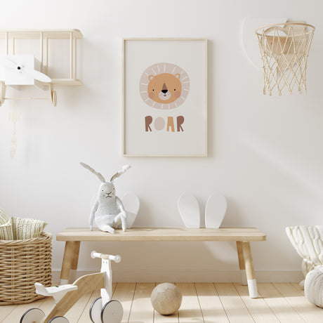 Adorable lion animal print with “Roar” text for nursery or toddler bedroom wall art