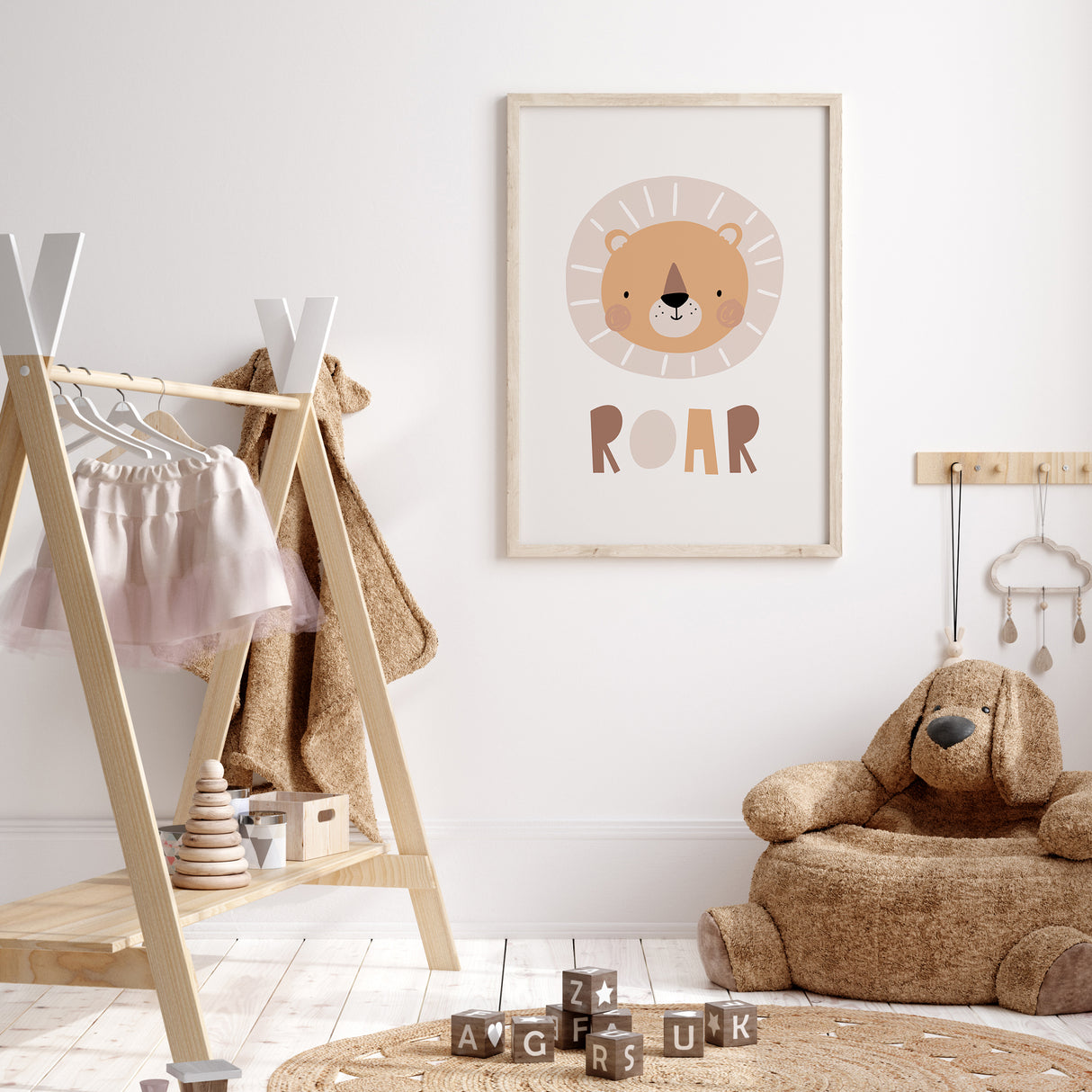 Baby nursery lion print with playful roar design for boys or girls room décor