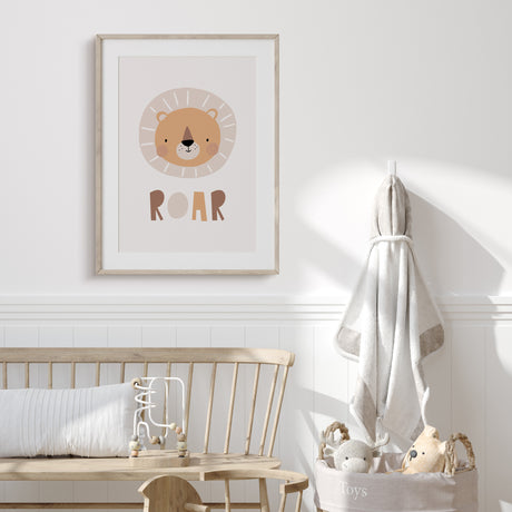 Cute lion kids wall art poster with “Roar” lettering in earthy neutral tones