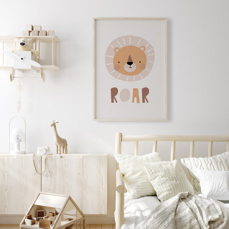 Lion wall art print with roar text for children’s playroom or nursery décor