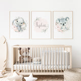 Neutral girls nursery animal prints featuring elephant and koala