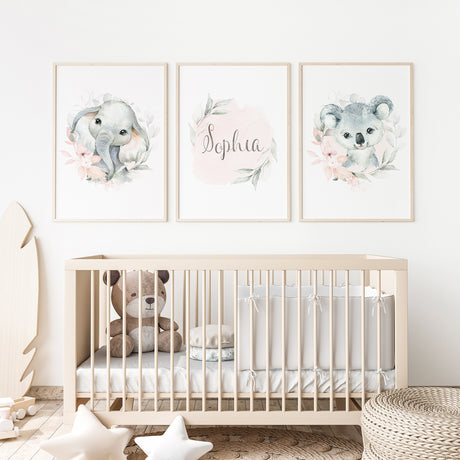 Neutral girls nursery animal prints featuring elephant and koala