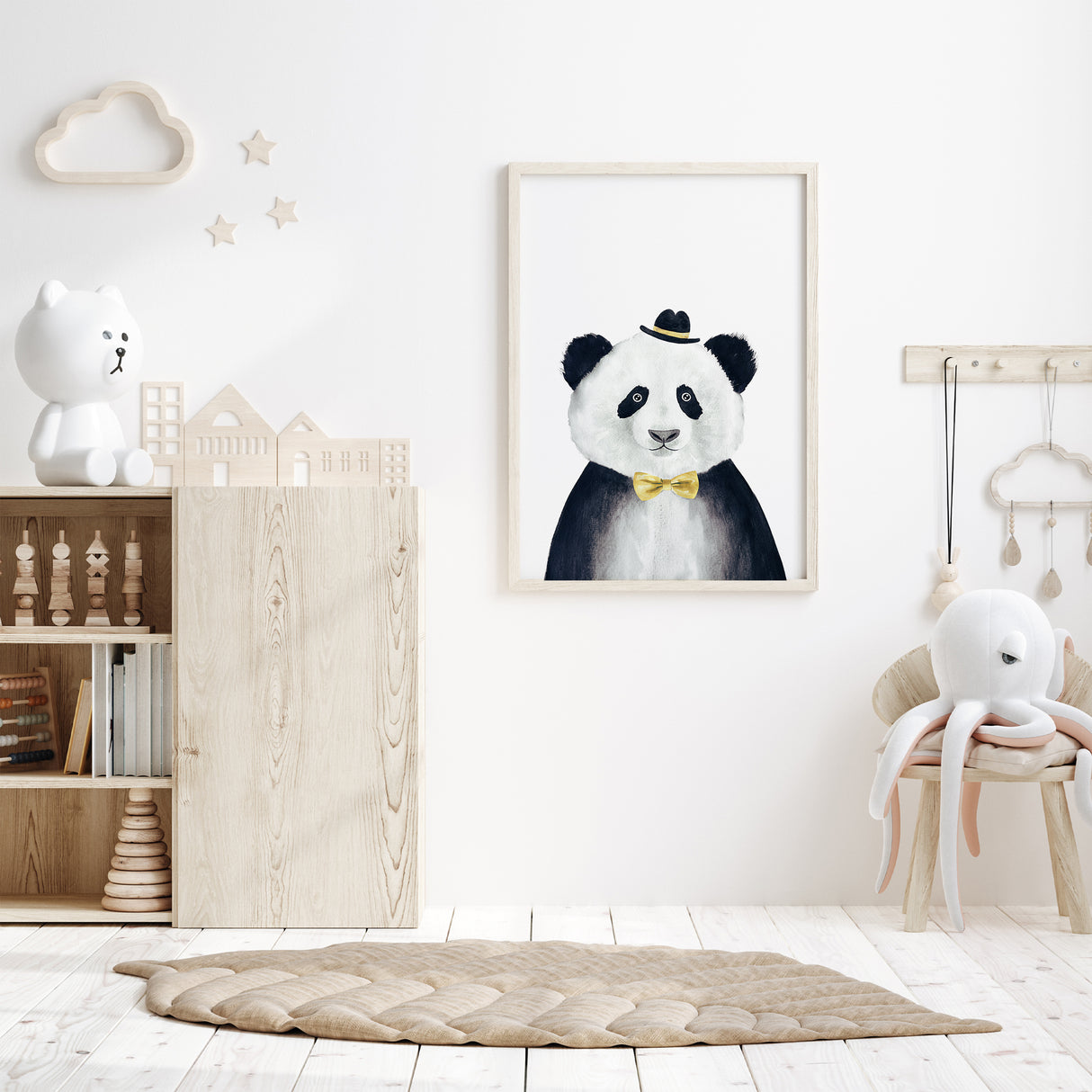 Illustration of a cute panda wearing a yellow hat and bow tie, perfect for nursery or kids’ room decor