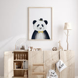 Adorable panda illustration with a yellow hat and bow tie, perfect for children’s room decor.