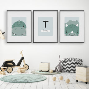Personalised dinosaur wall art set of 3 prints with custom name and initial, ideal for nursery or kids’ bedroom décor
