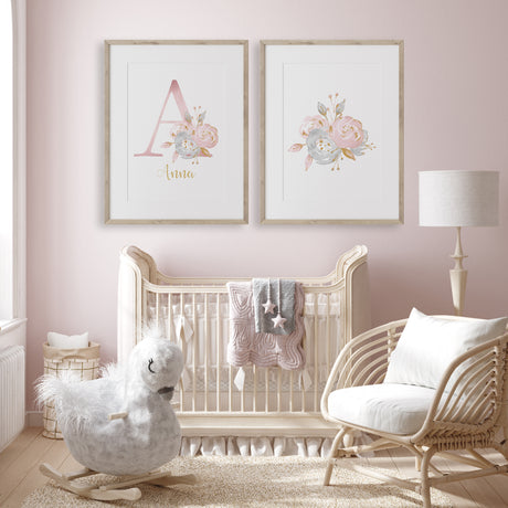 Personalised floral initial wall art set with custom name and soft pink and grey watercolour flowers for girls bedroom decor