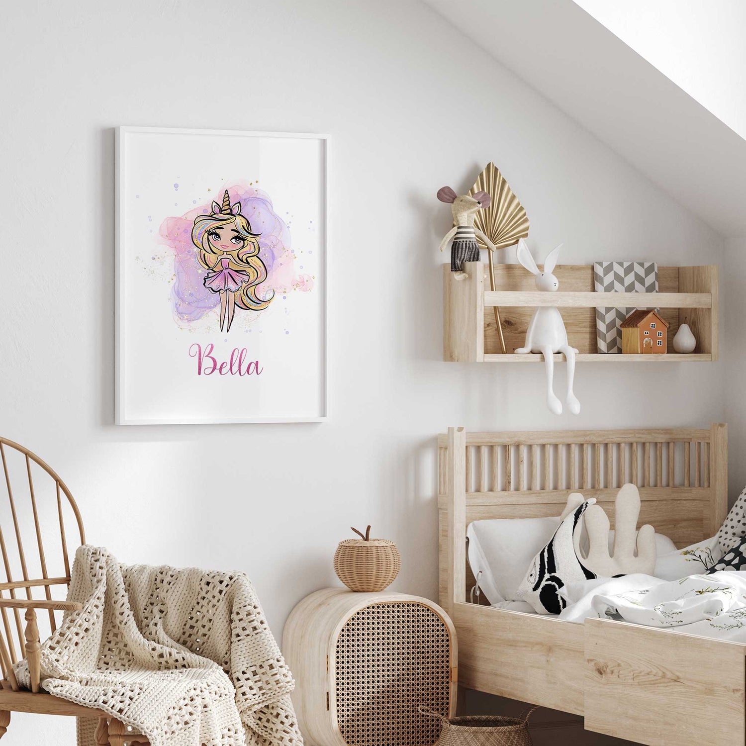 Whimsical girls nursery print featuring a custom name and rainbow unicorn girl