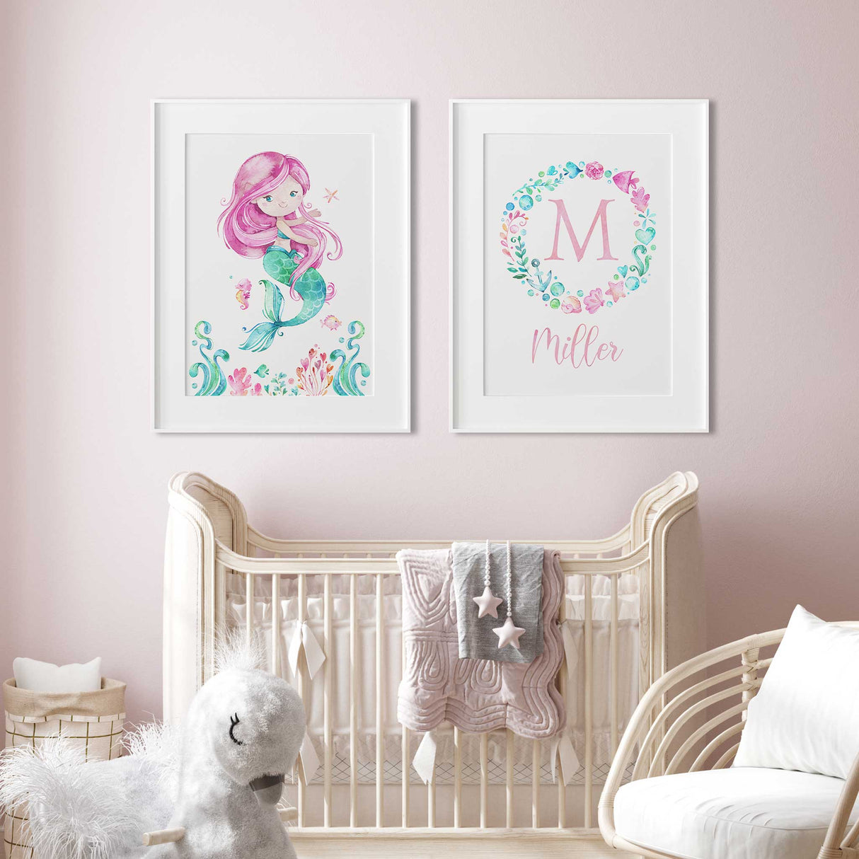 Personalised nursery art with pastel mermaid design