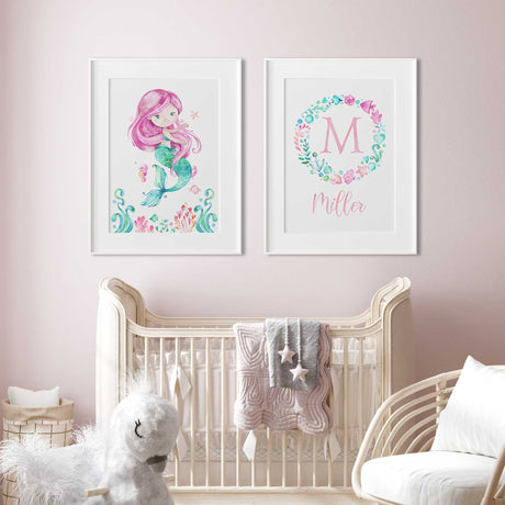 Personalised nursery art with pastel mermaid design