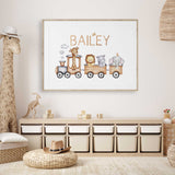 Personalised safari nursery train wall art with cute animal illustrations