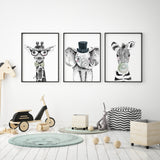 playful animal illustration prints displayed together as a wall set