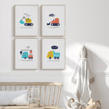 Nursery wall art featuring a yellow and blue truck with the text "LET'S GO!", a blue and orange crane, an orange bulldozer, and a yellow and blue excavator with the text "BEEP! BEEP!". Perfect for baby showers and nursery decor.