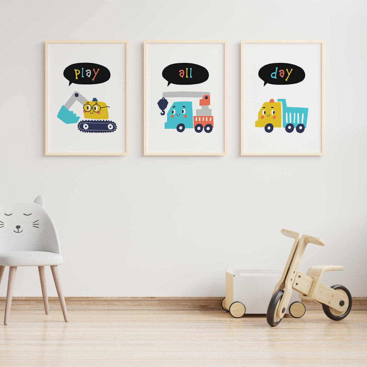 Playroom construction wall art with fun colourful truck illustrations