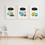 Playroom construction wall art with fun colourful truck illustrations