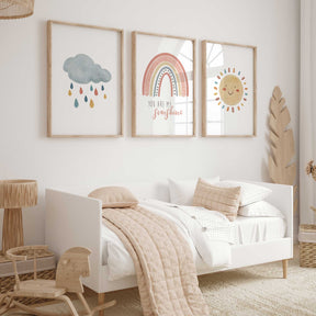 Whimsical cloud and raindrop nursery print in muted colours