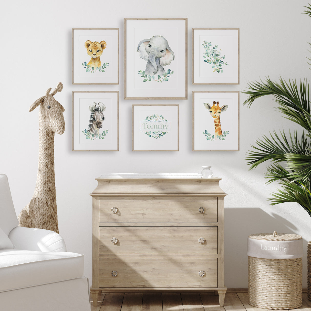 Mixed size safari animal wall art set with elephant giraffe lion zebra and name print