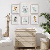 Mixed size safari animal wall art set with elephant giraffe lion zebra and name print