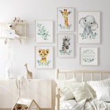 Safari nursery wall art set with elephant giraffe lion zebra and name print