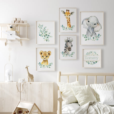 Safari nursery wall art set with elephant giraffe lion zebra and name print