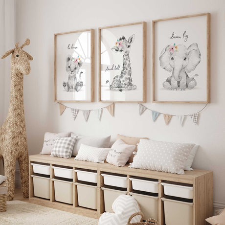 lion, giraffe and elephant nursery prints with flowers and inspirational quotes, ideal girls room wall décor.