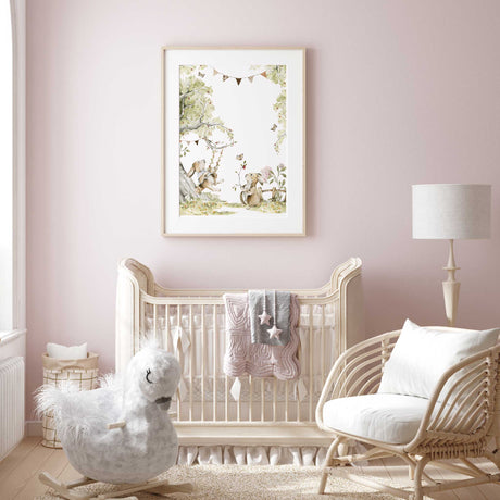 storybook woodland bunny print with soft floral and butterfly details