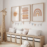 Smiling sun, dotted rainbow and warm-toned affirmation prints reading I am Brave, Creative, Strong, Loved and Great.