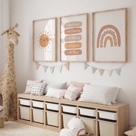 Smiling sun, dotted rainbow and warm-toned affirmation prints reading I am Brave, Creative, Strong, Loved and Great.