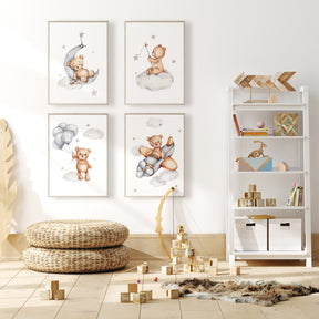 Set of four teddy bear prints for nursery wall decor in soft neutral tones